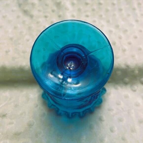 Vintage L E Smith Turquoise Blue, Grape Pattern, Crimped Rim, Footed Candy Dish - Picture 4 of 6